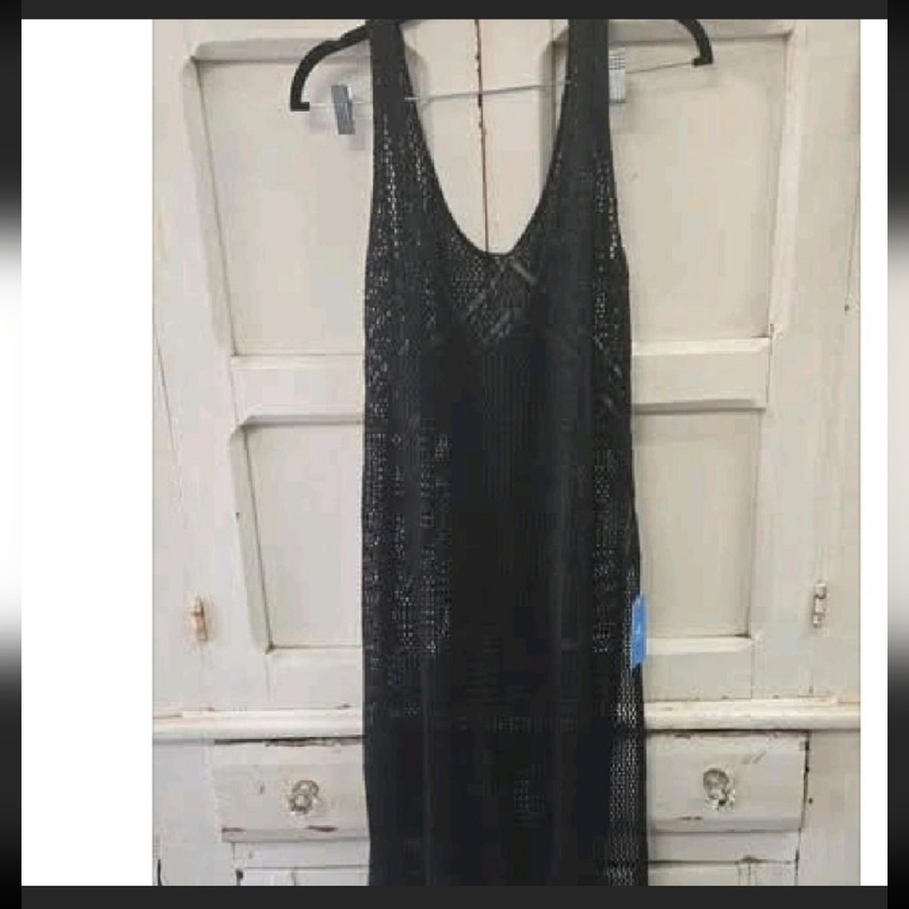 NWT Cupshe Small Black Knit Swim Sleeveless Tank Cover-Up Mesh Midi W Side Slits - Picture 3 of 5